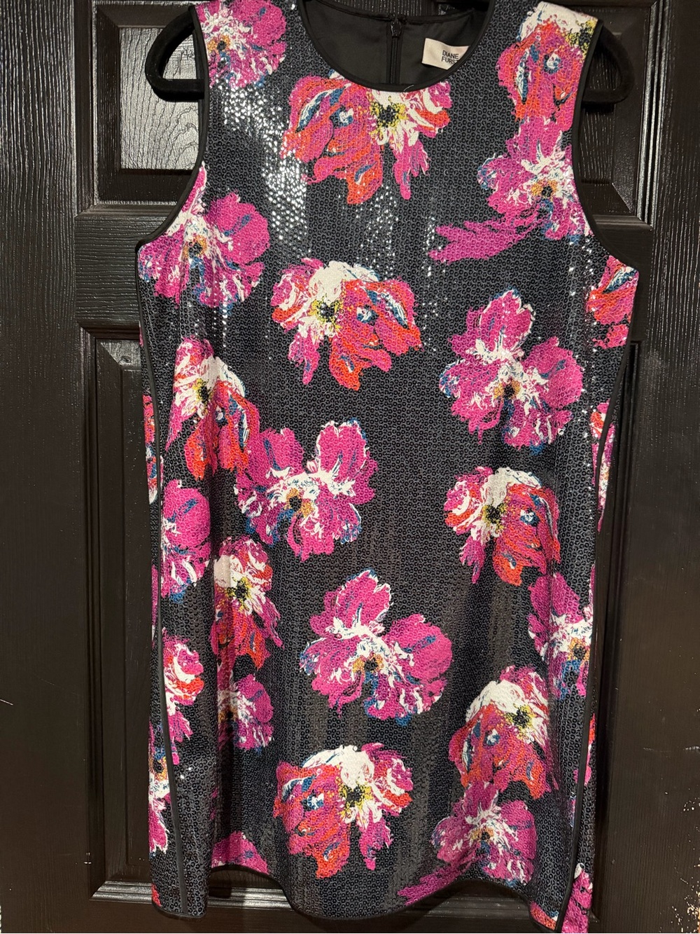 Diane Von Furstenberg Black Mini Dress with Pink Floral Sequin Detail